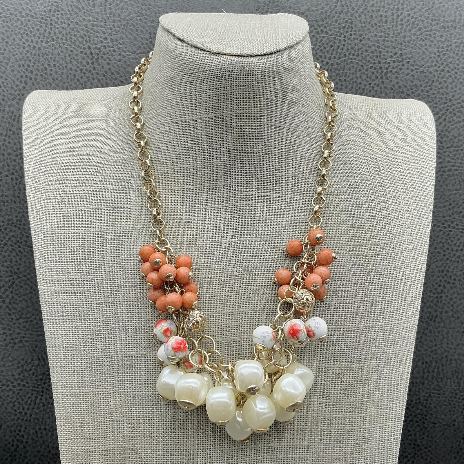 Ann Taylor Necklace Gold Tone Faux Pearl Floral Beaded Bib Statement Jewelry