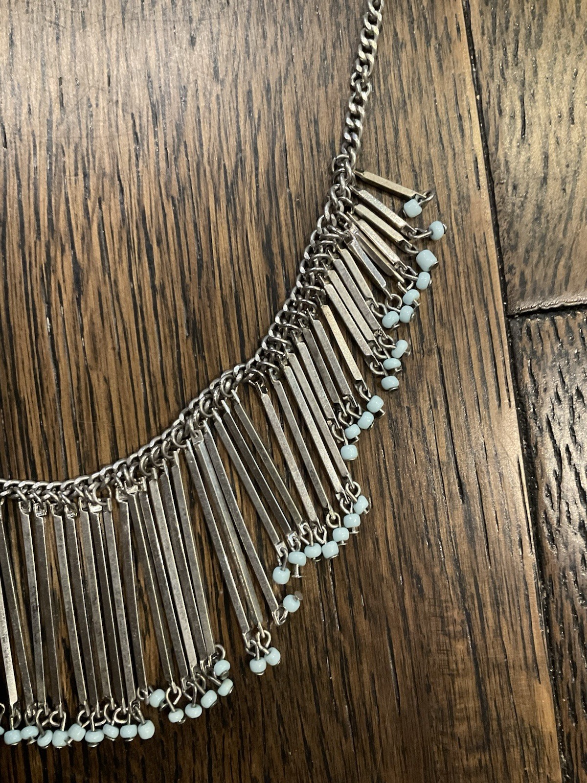 Statement Costume Silver Tone Metal Fringe Waterfall Beads Boho Necklace