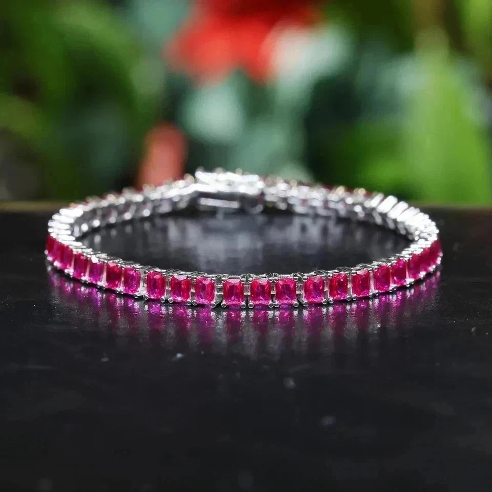 9Ct Emerald Lab Created Pink Sapphire Tennis Bracelet 14KWhite Gold Plated 7.5in