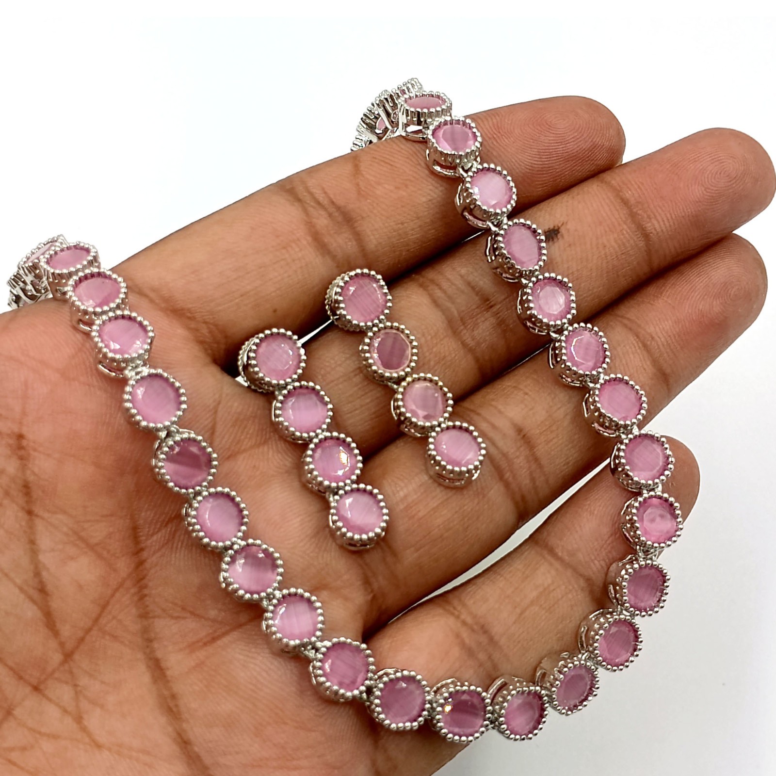 Rose Quartz Round Stone South Indian Necklace Set 22K Gold Plated Ethnic Jewelry