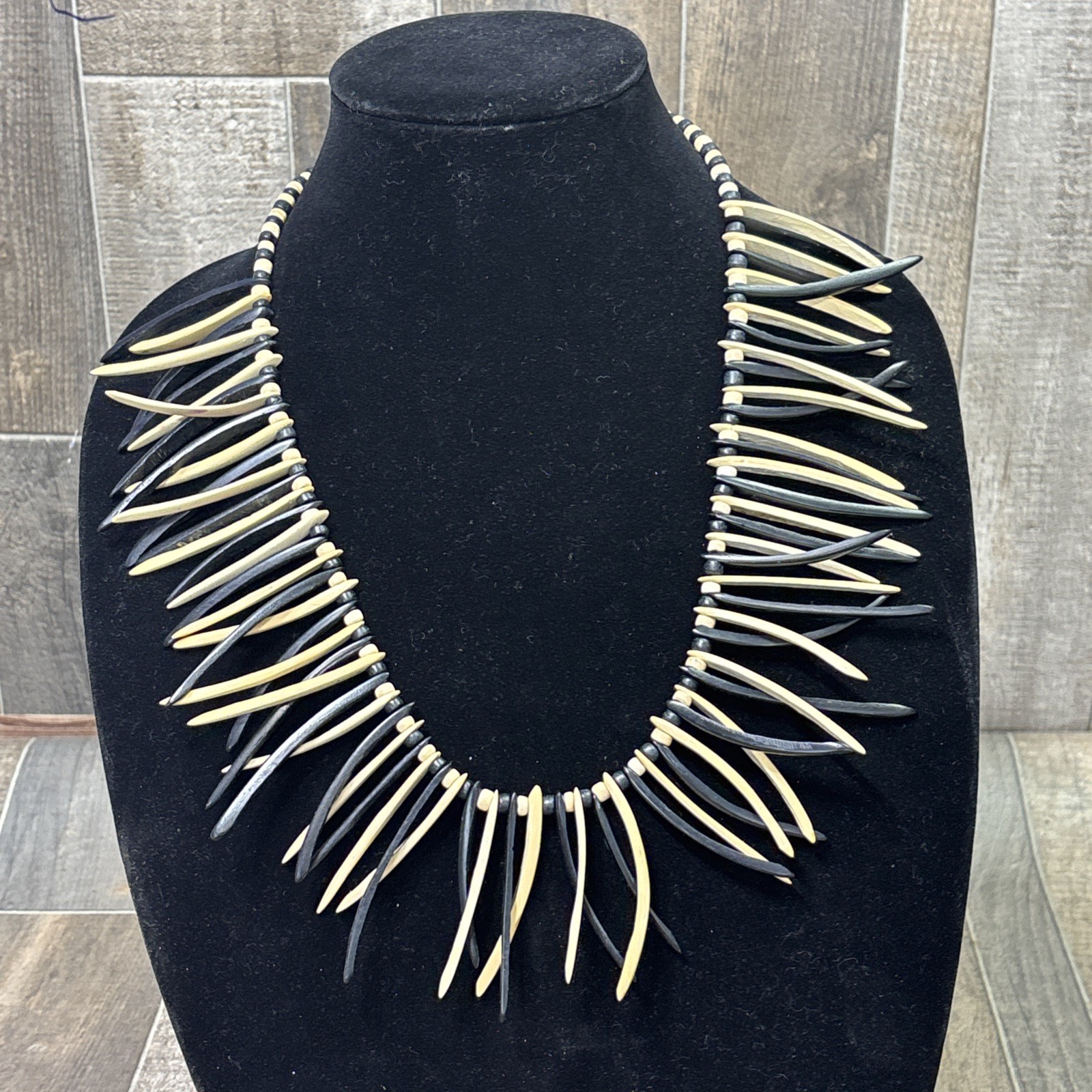 Vintage Tribal Bamboo Spike Statement Necklace Black Tan Handcrafted Boho