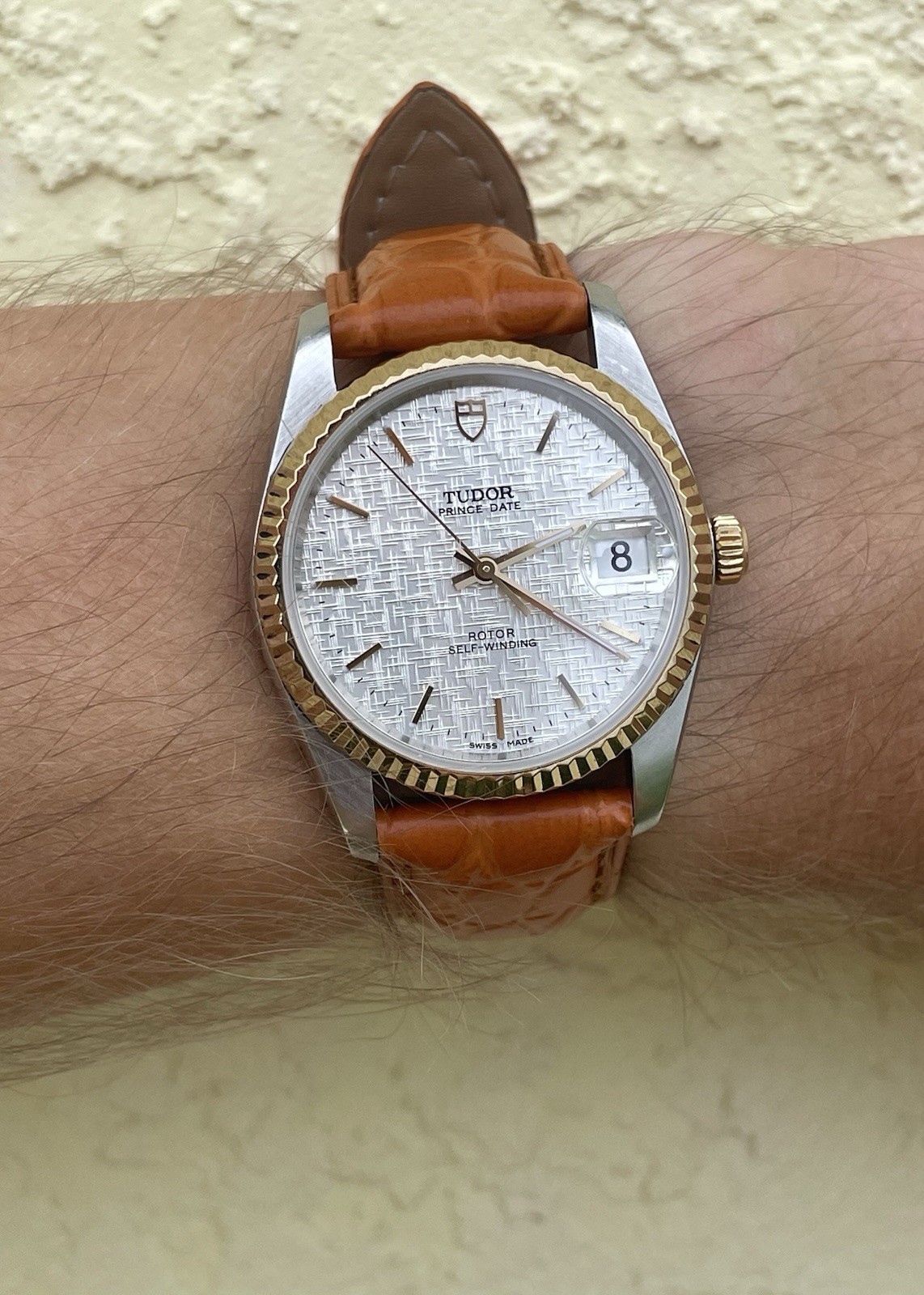 Tudor 74033 Prince Date Silver Linen Dial Fluted 18K Gold Bezel 34mm