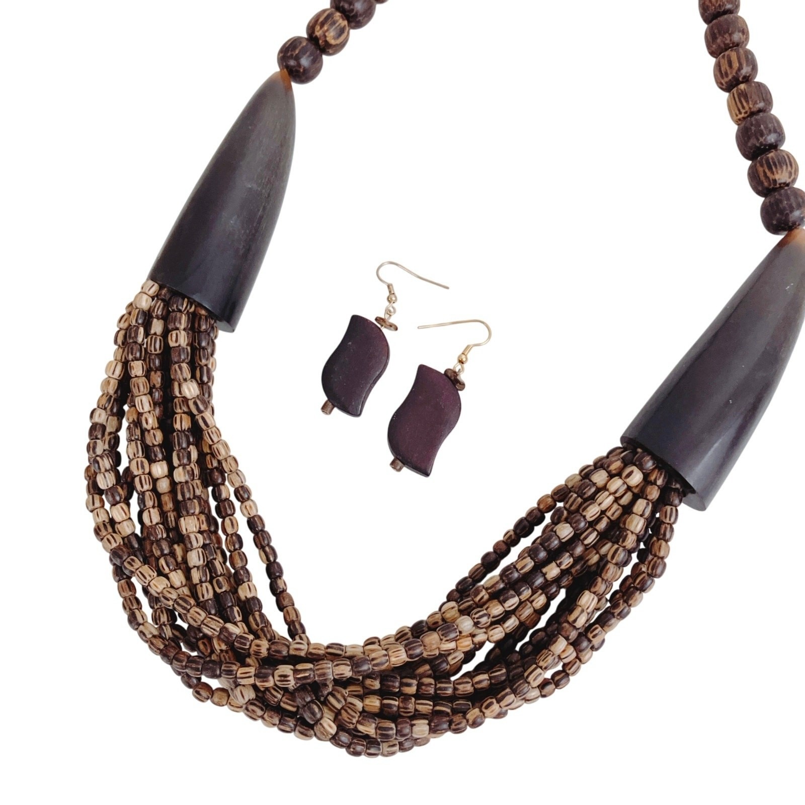 Tribal Wood Bead Bib Necklace & Earrings Set, Faux Horn, Boho
