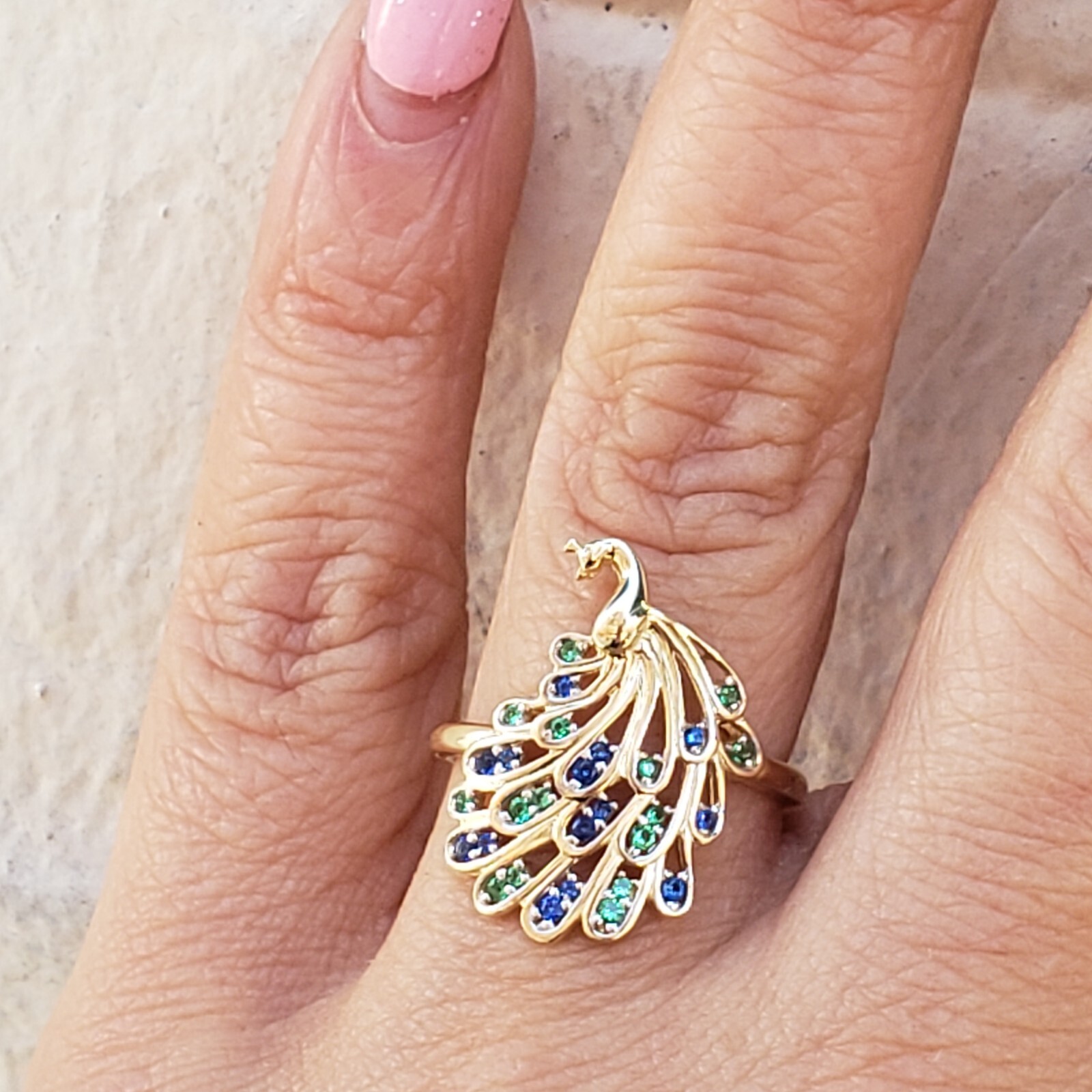 Solid 14k yellow gold peacock Ring Size 5 6 7 8 9 green blue