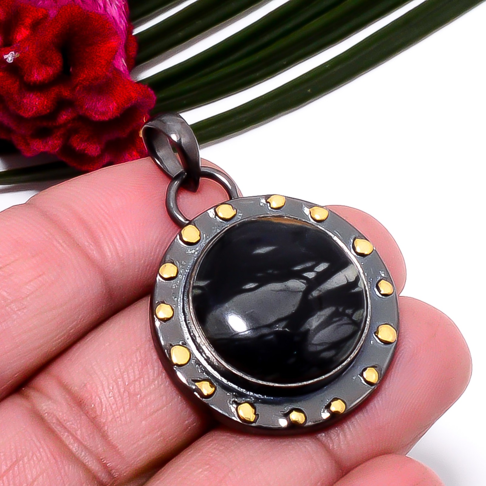 Picasso Jasper – Utah Black & Gold Plated 925 Sterling Silver Pendant 1.64″ Su26