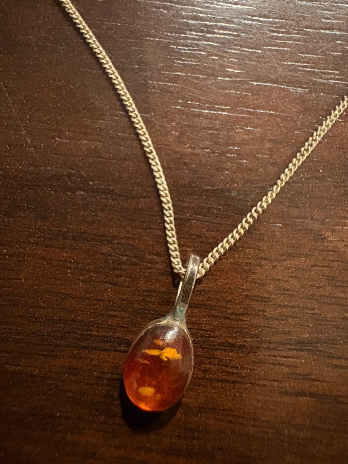 Italy 925 Sterling Silver Baltic Amber Pendant Necklace 17.5” Cognac Amber Oval