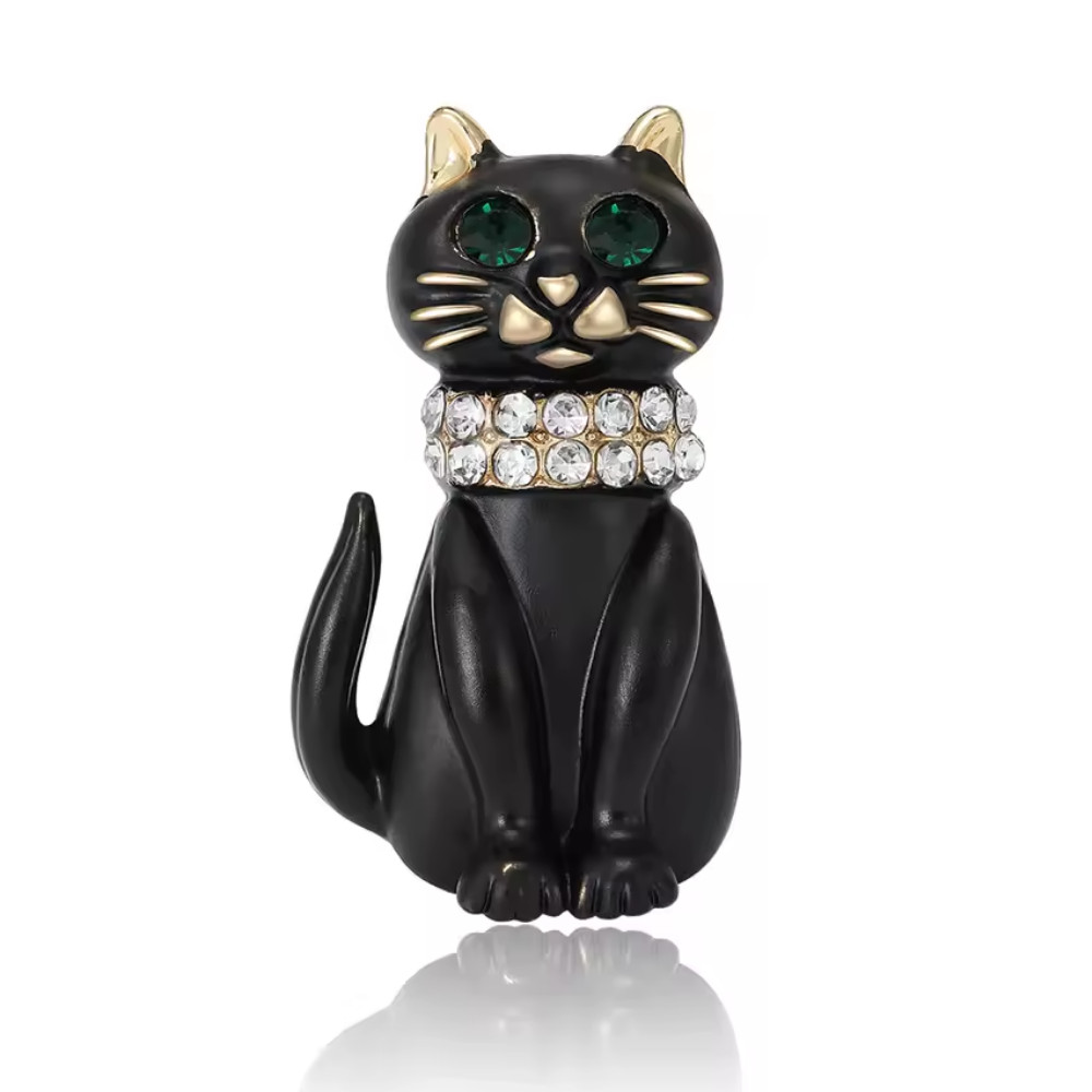Enamel Black Cat Brooch Rhinestone Eyes Kitten Pin Gold Cute Animal Jewelry Gift