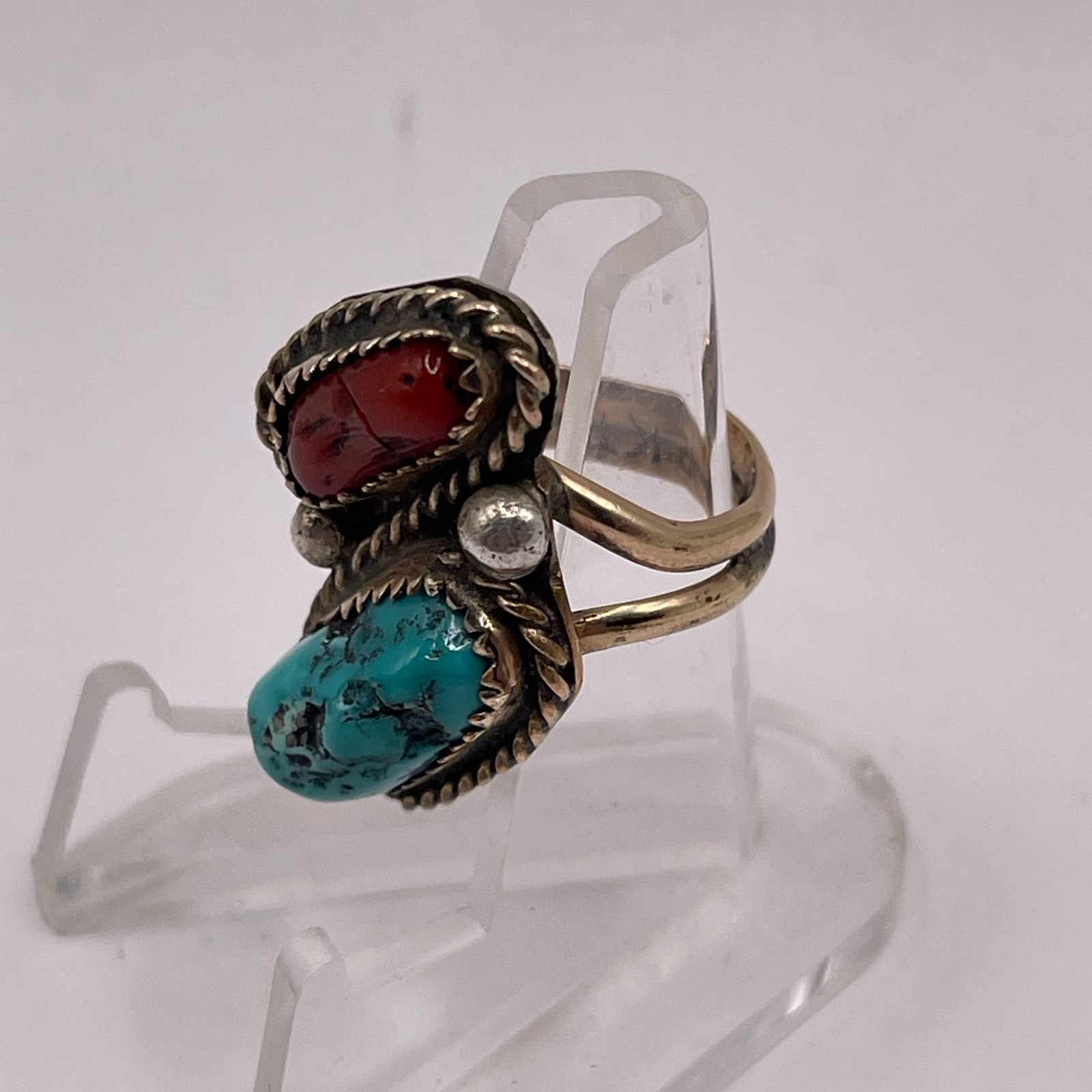 VINTAGE NAVAJO GOLD FILLED TURQOUISE & CORAL RING 1/20TH 12KT CABOCHON SIZE 4.0