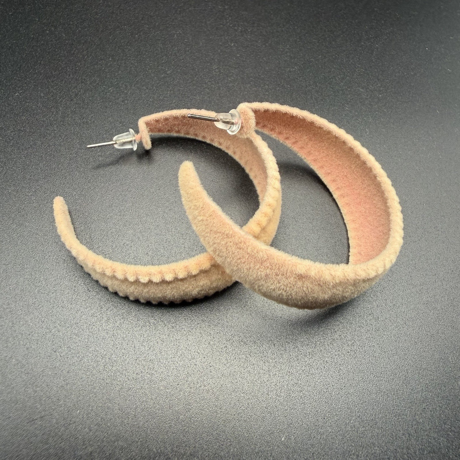 Chunky Velvet Hoop Earrings – Fuzzy Tan Beige Plush Open C Shape Studs Women’s