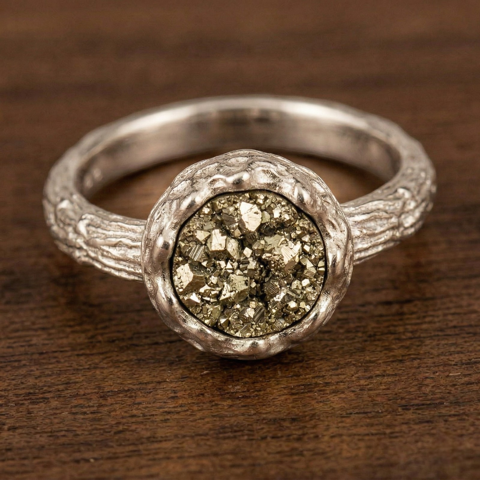 Raw Pyrite Ring , Druzy Pyrite Statement Ring, Rustic Textured Band Ring