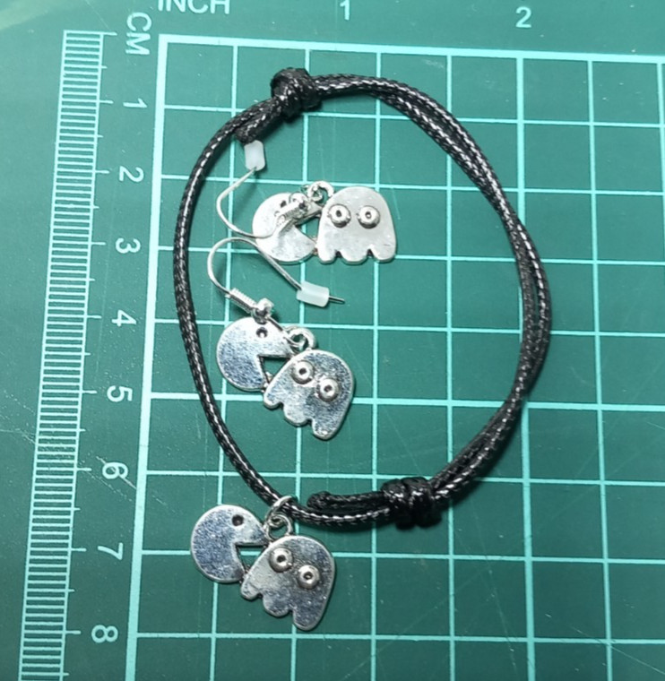 Pac Man Arcade Inspired Earrings + Bracelet Silver Tone Metal Gift Set New