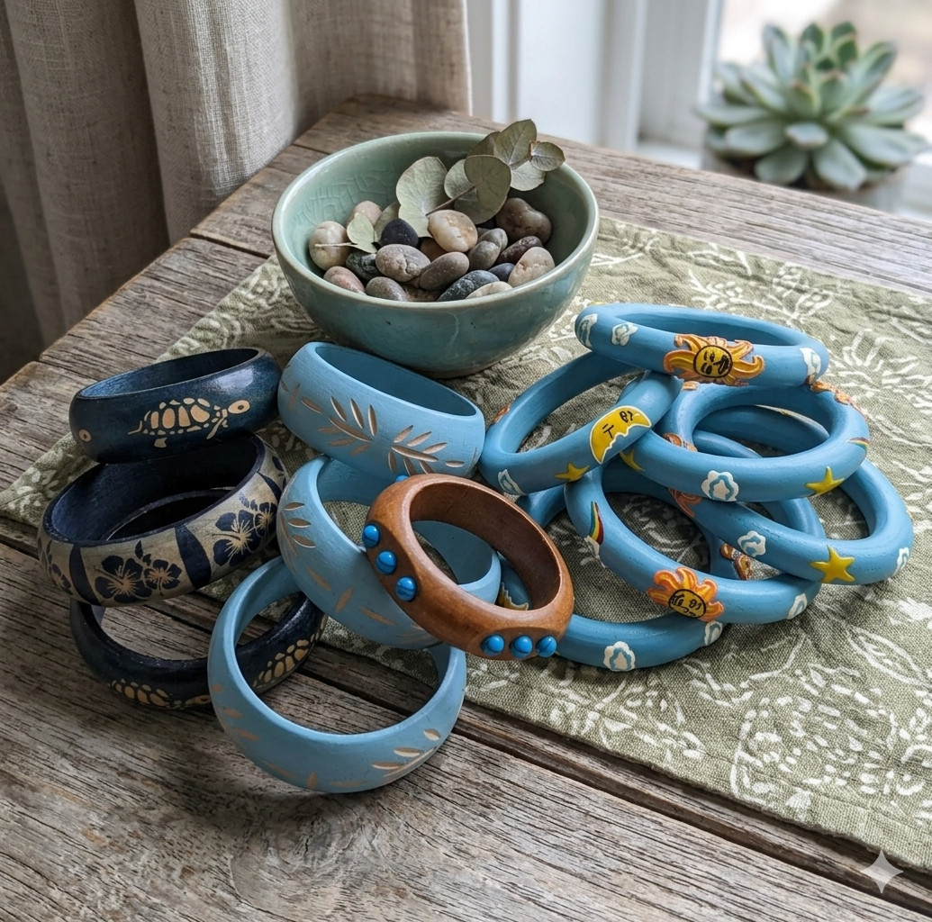 Bulk Lot Treasure Lot Blue Wood bangles Jewelry Small Bag 30 pcs Goodie Bag