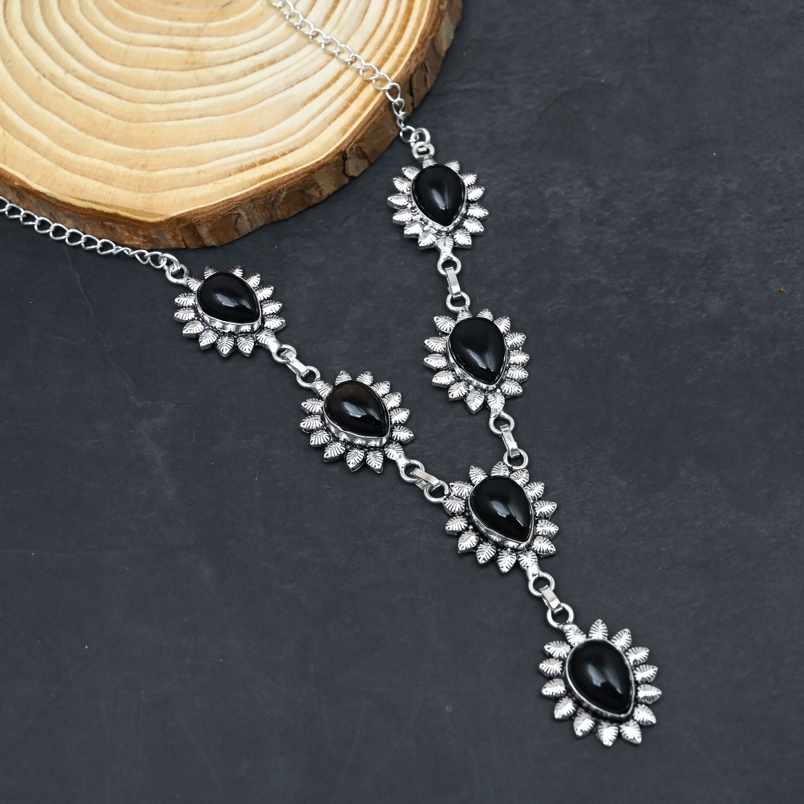 Black Onyx Gemstone Handmade 925 Sterling Silver Jewelry Necklace 17-18″