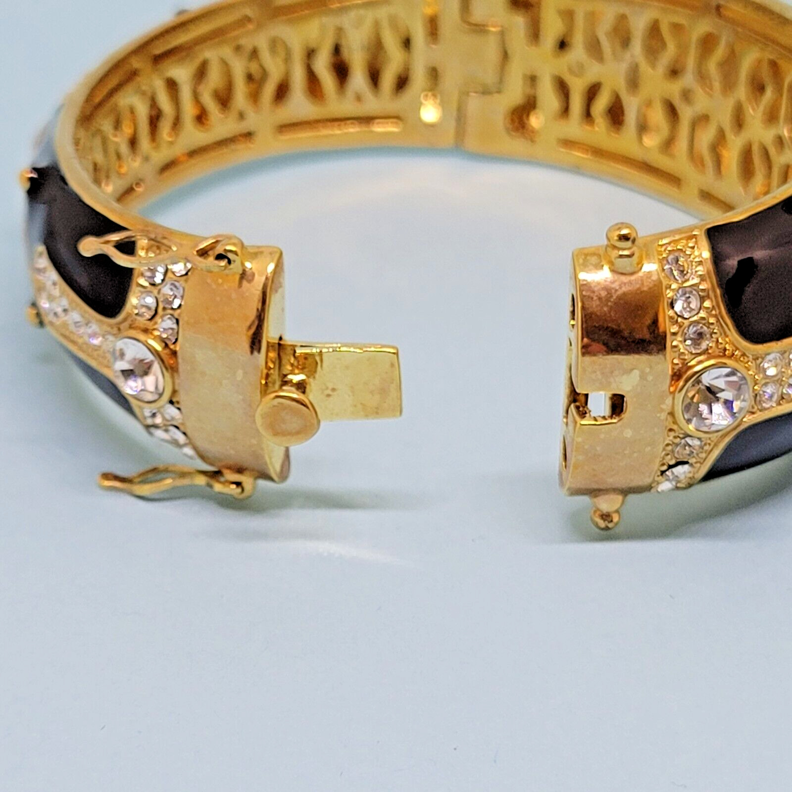 Joan Boyce Gold Tone Black Enamel Crystal Maltese Cross Hinged Bangle Bracelet