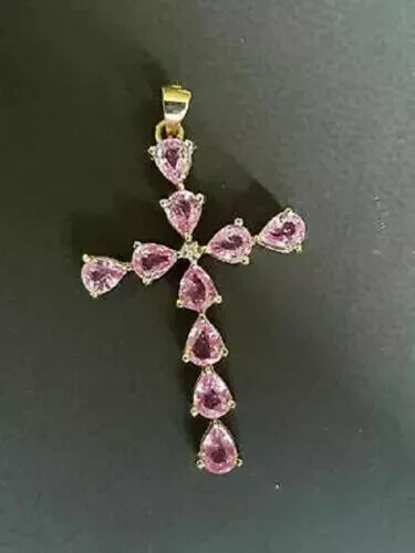2.50Ct Pear Cut Pink Diamond Cross Pendant 18″ Free Chain 14K Yellow Gold Finish