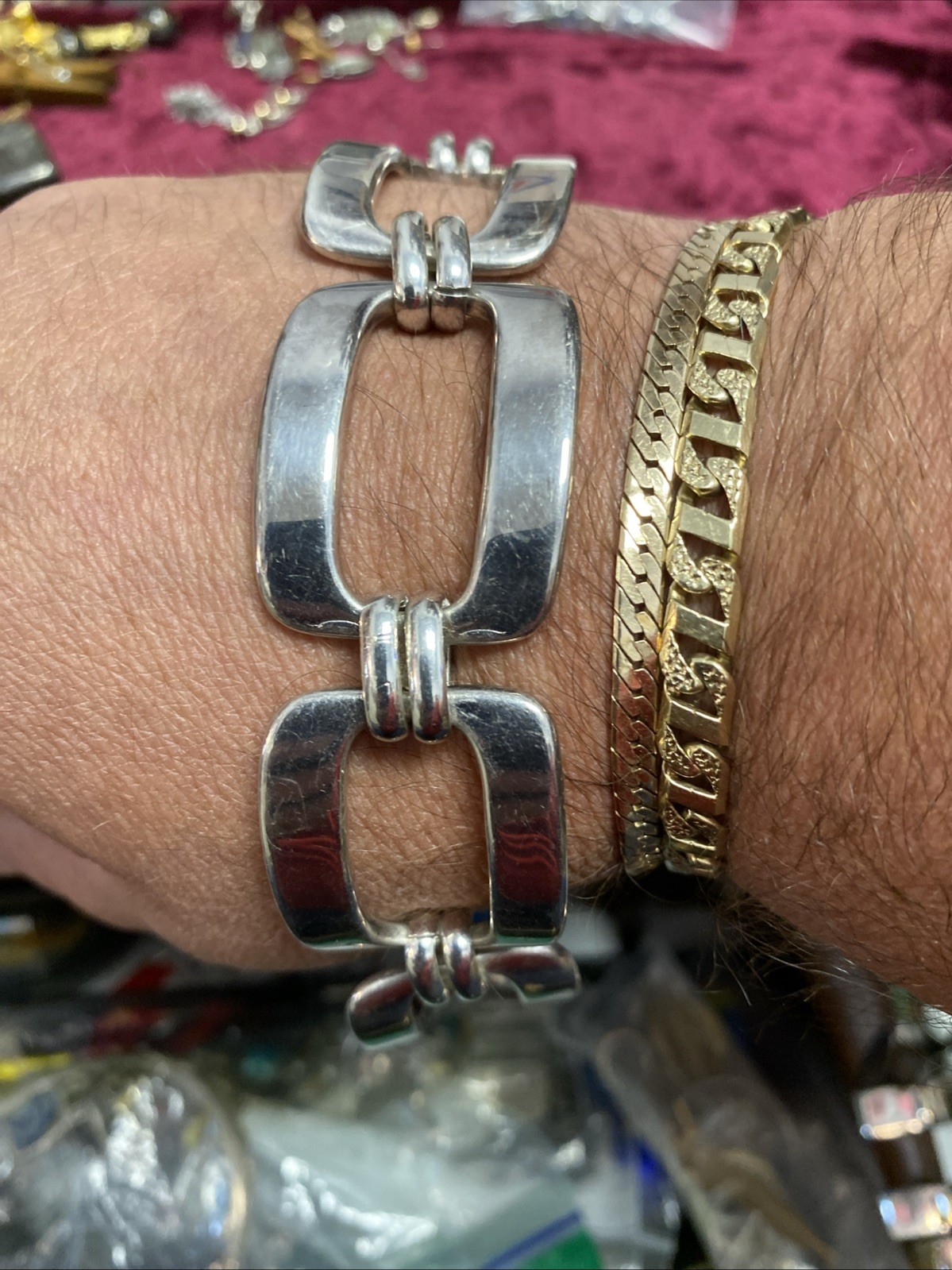 Vintage Marked 925 Sterling Silver Italy Large Square Link Bracelet 7.5” 38gr.
