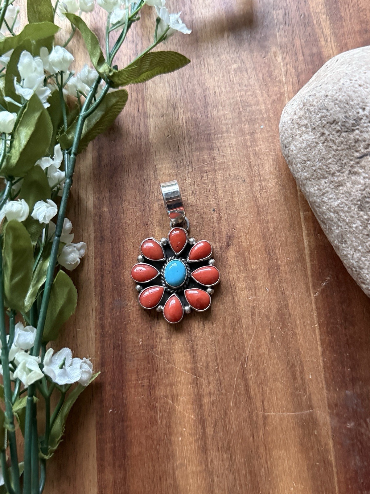 Navajo Sterling Silver Red Coral Turquoise Cluster Pendant LY
