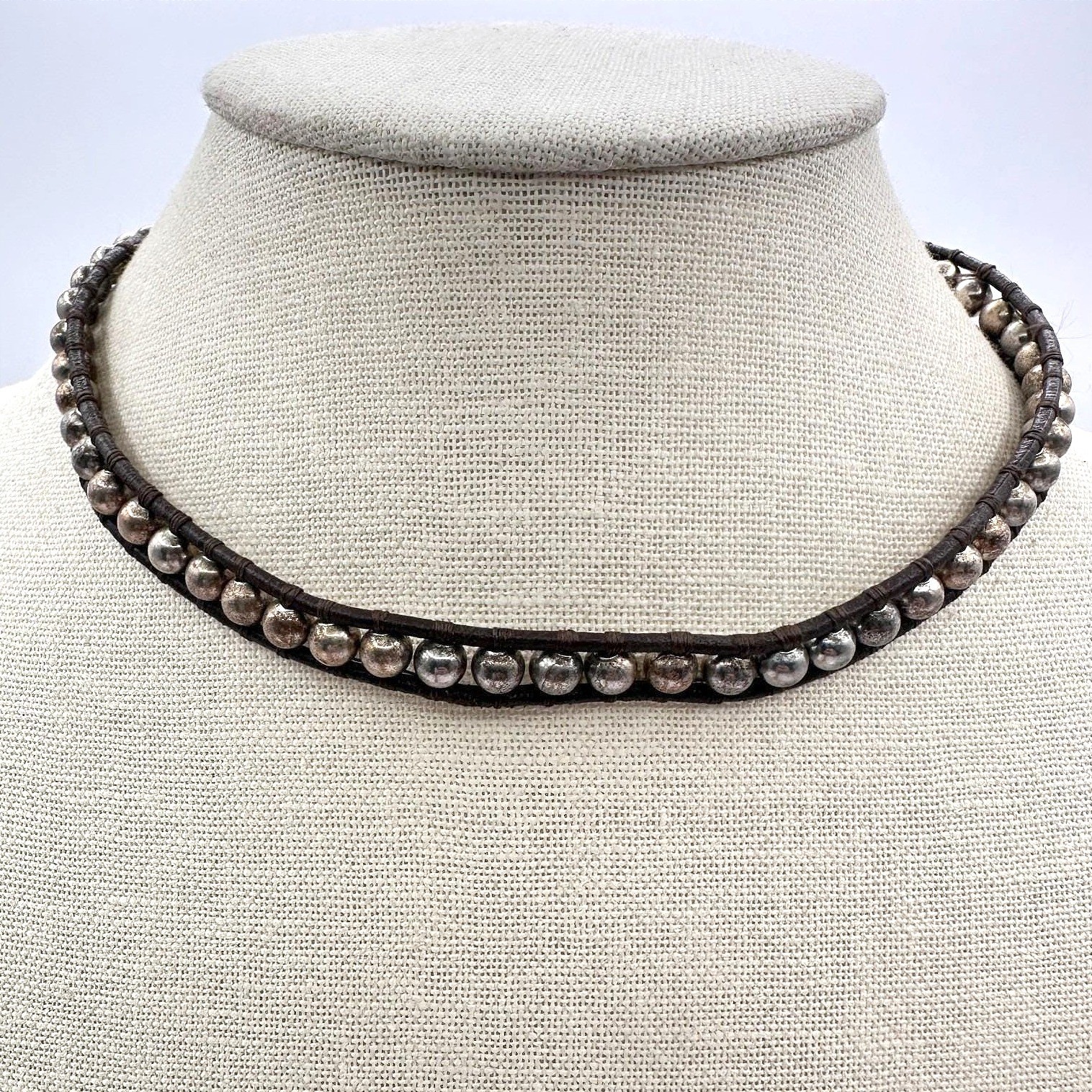 Vintage 90s Choker Necklace Silver Tone Ball Bead Brown Leather Boho Jewelry Y2K