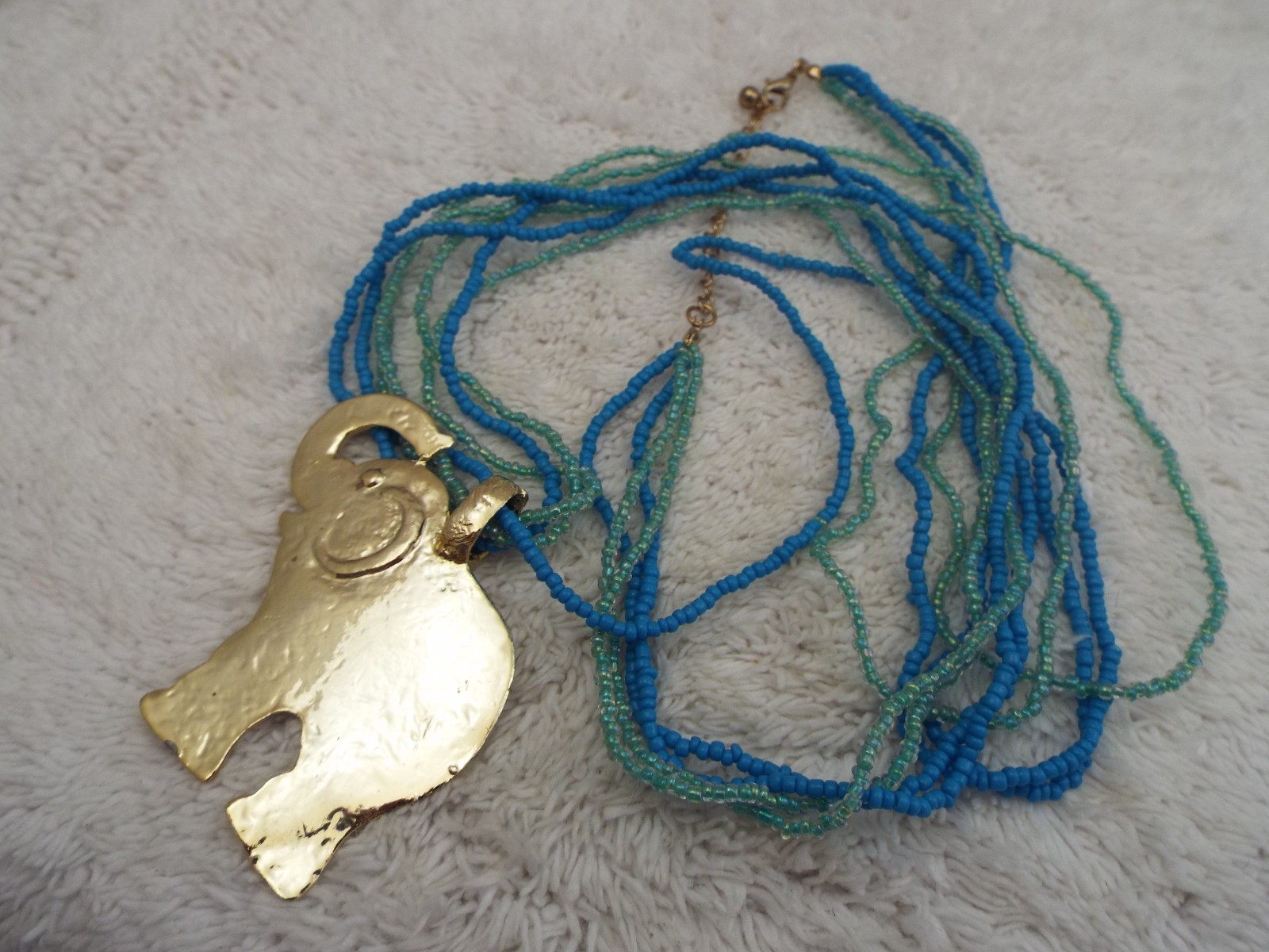 Blue Seafoam Glass Micro Bead Goldtone Pendant Necklace (B23)