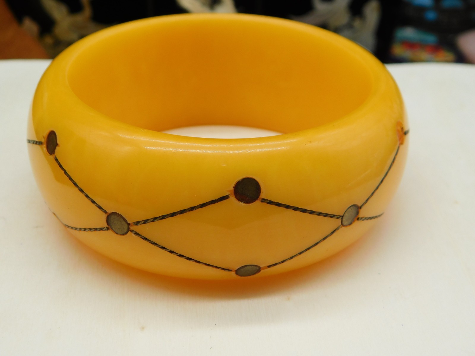 1930’s Butterscotch Bakelite Bangle Brass Injection Dot Bracelet