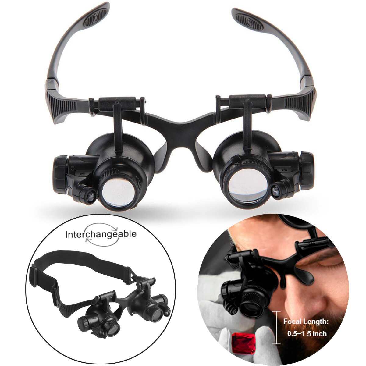 Double Eye Magnifier Loupe Glasses Hands Free With LED Light Magnifying Glasses