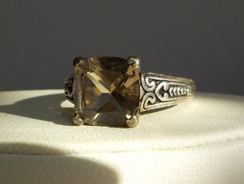 DESIGNER SIGNED “A” 925 FANCY CATHEDRAL SET RING 3 CT SMOKEY TOPAZ? SZ 11