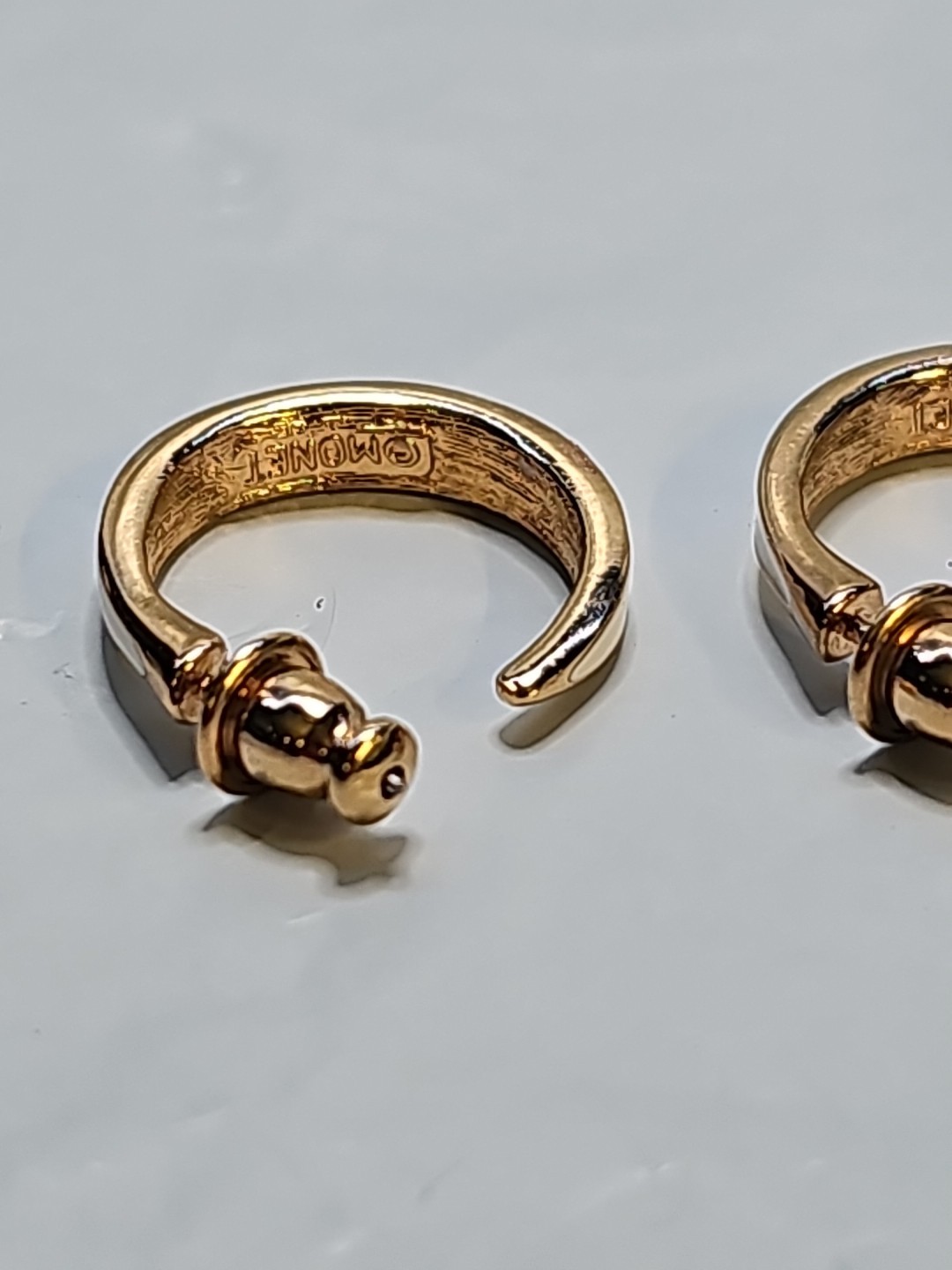 Vintage Monet Rich Gold Tone & Cream Enamel Slim Open Hoop Earrings