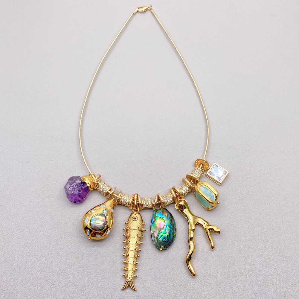 Natural Stones Pearl Branch Fish Charm Choker Necklace Women Collar Jewelry Gift