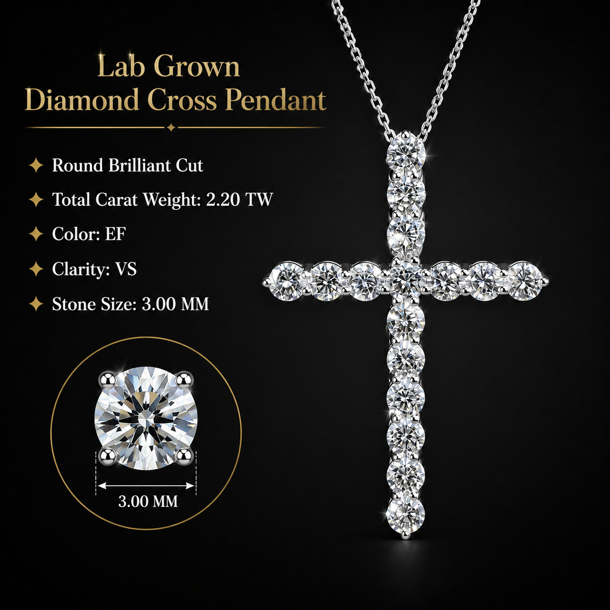 2.20 CTW Lab Grown Diamond Cross Pendant Necklace 3mm Round EF VS