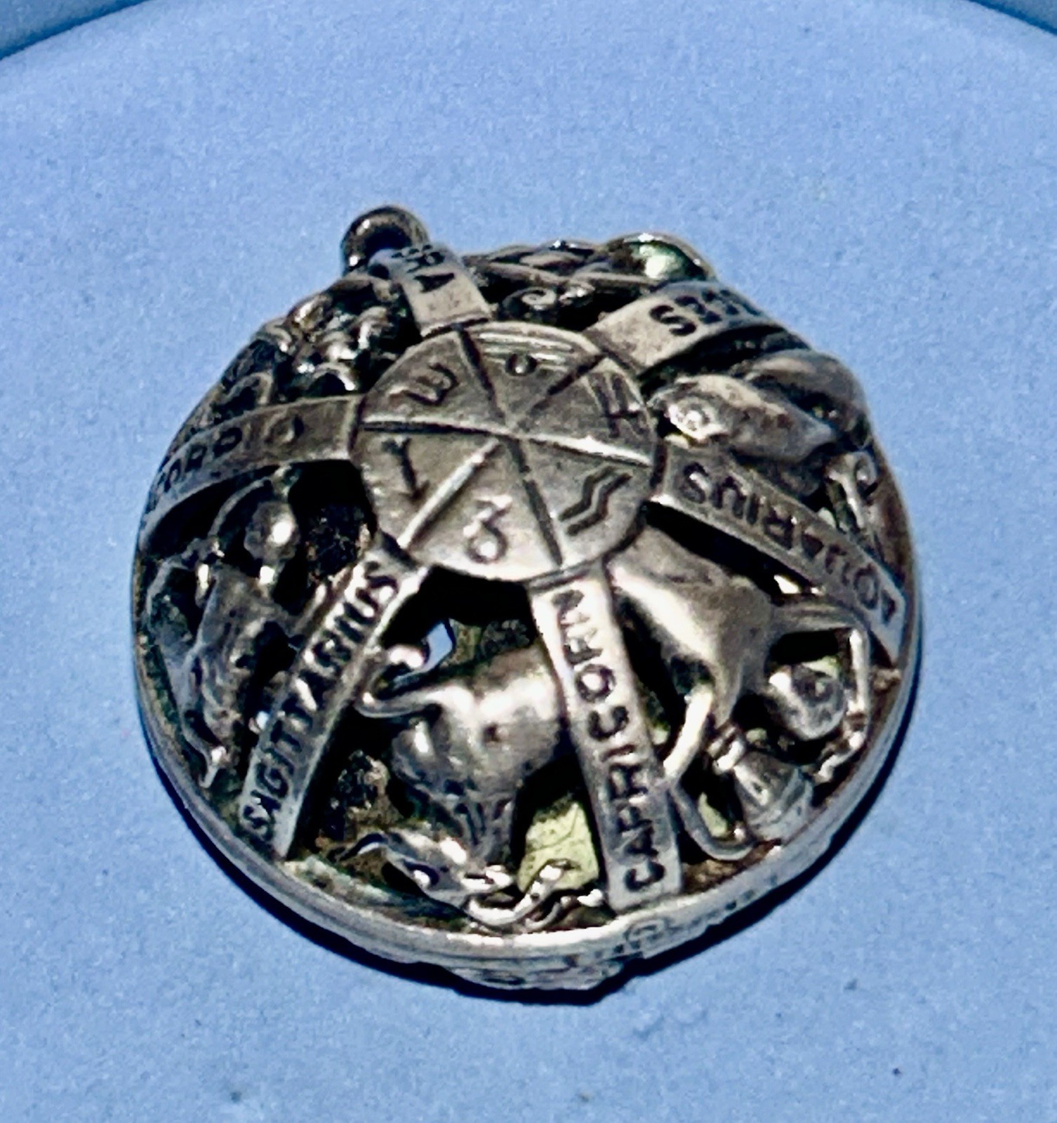 Sterling Silver Craftmere-12 month Zodiac names & 3D Horoscopes Pics. 1”ORB Pend