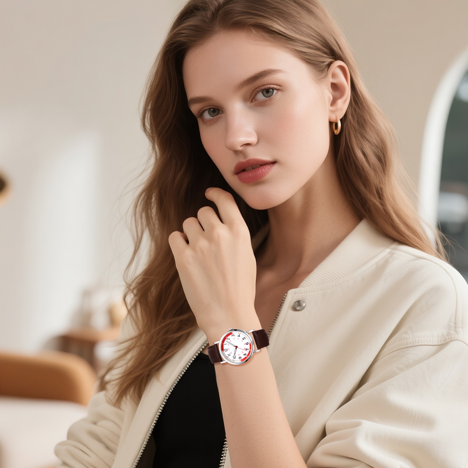 Womens Men Leather Band Easy Reader 24H/12H Dial Pulse Calculation Medical Watch