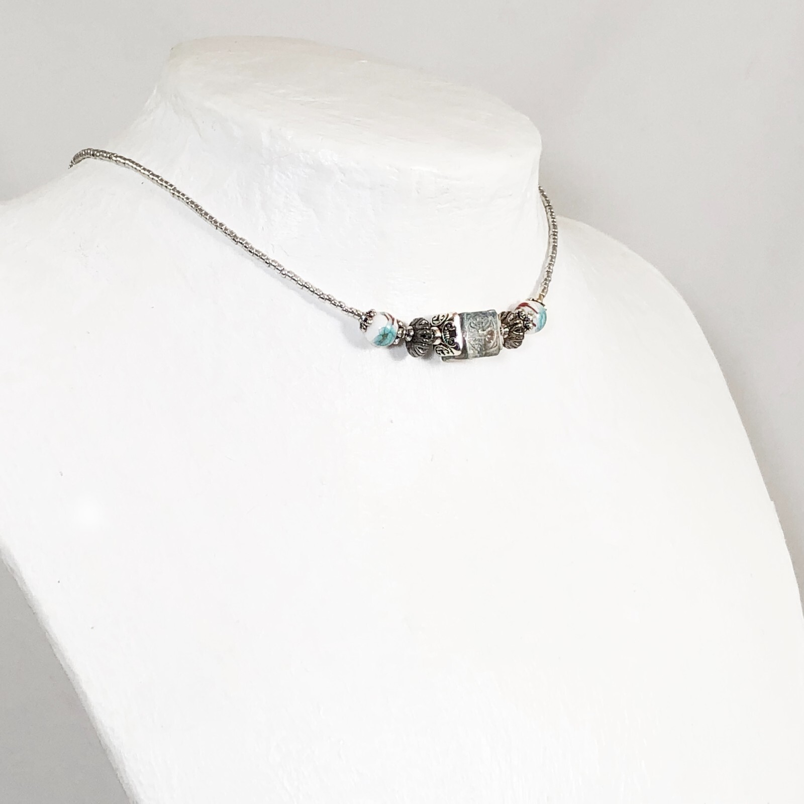 Boho Beaded Choker with Lampwork Blue/Clear Glass Cube, Japanese Orchid Beads