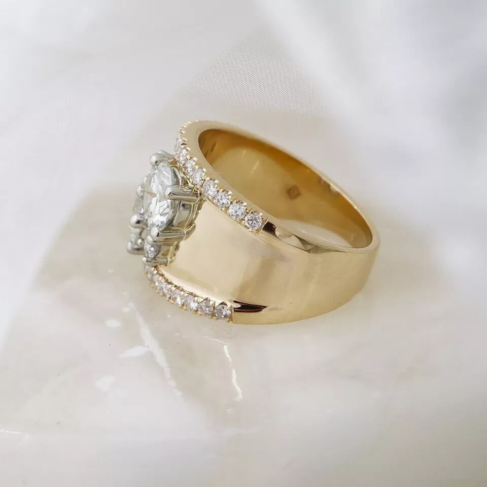 Women Thick Wedding Band Round Cluster Moissanite Wide Band Engagement Fancy