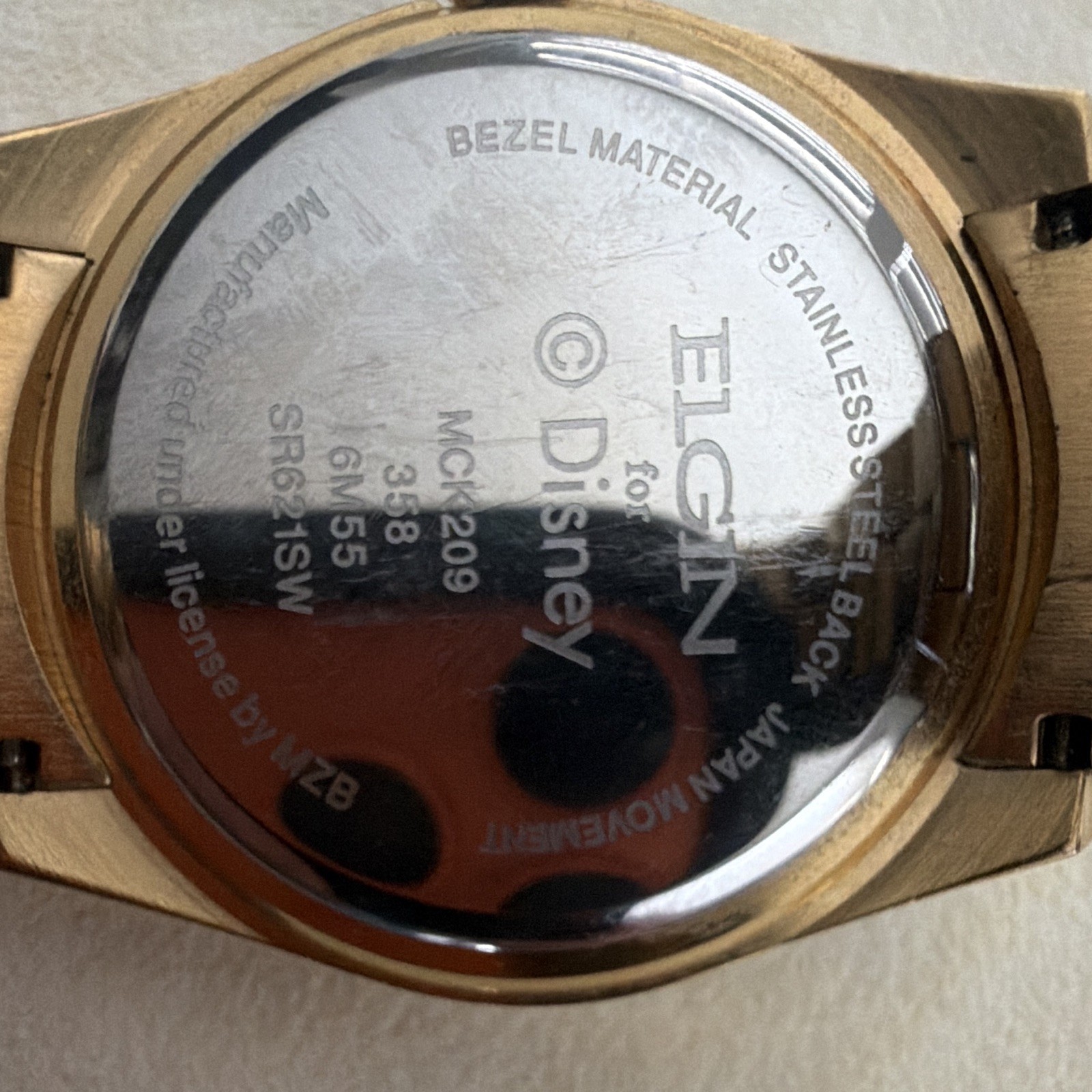 Elgin Disney Mickey Mouse Quartz Day/Date Gold Tone Metal Bracelet White Dial