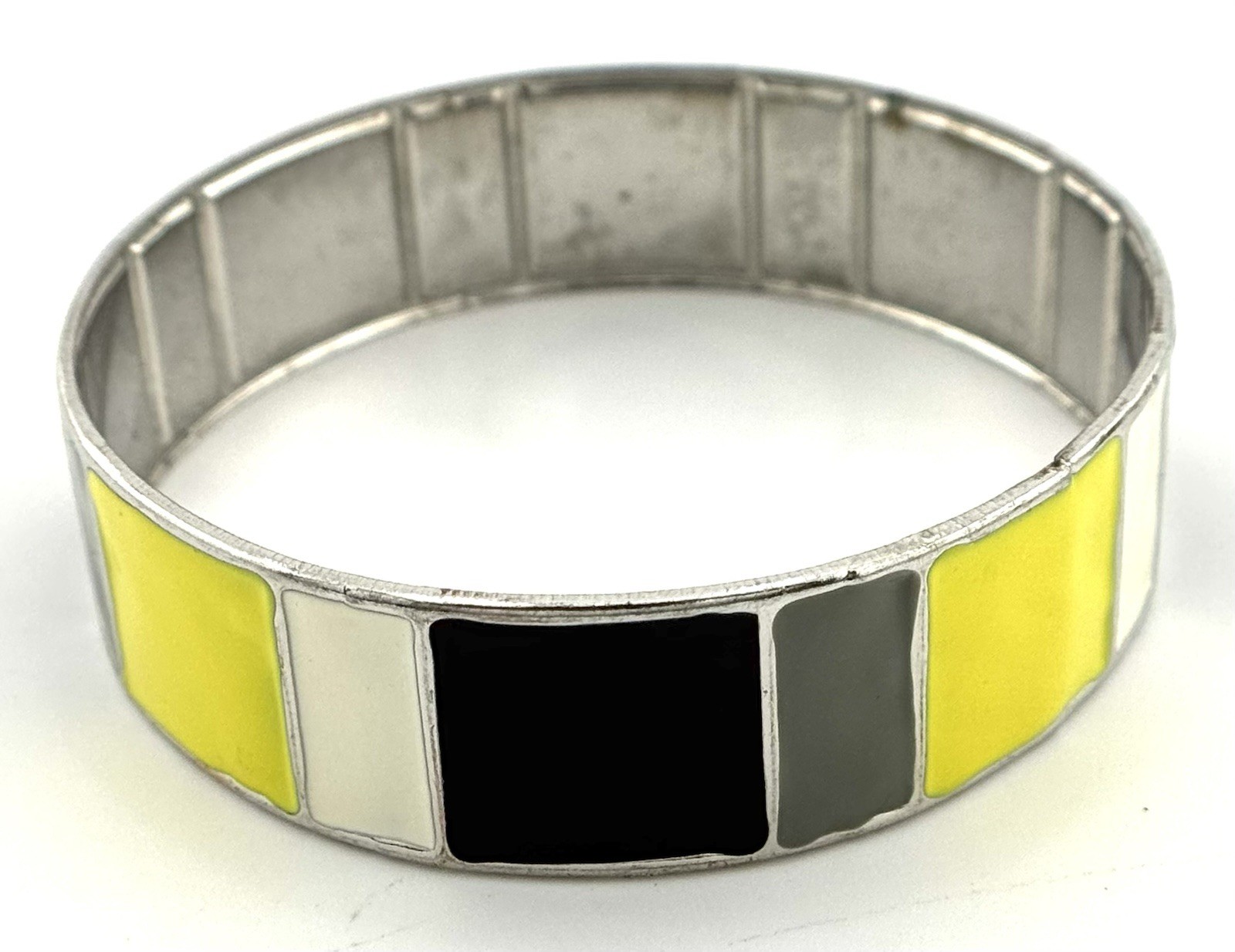 Color Block Enamel Stretch Bangle Bracelet Yellow Gray Black White 8.5 Inch