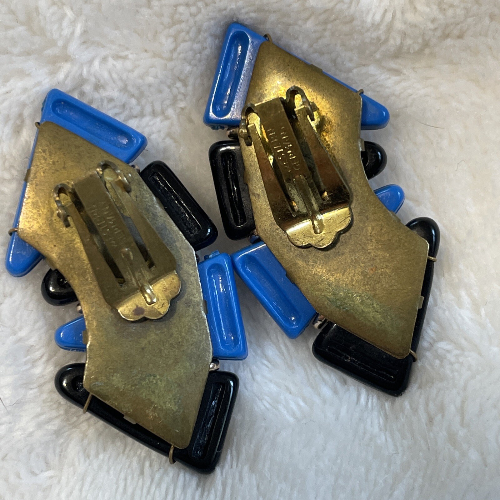Western Germany Earrings VTG Signed Lucite Blue Black Gold Beaded Nice Clip Rare