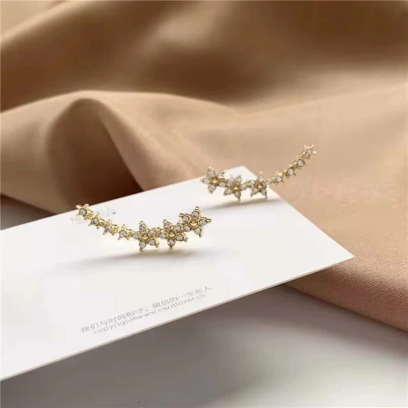 Silver Flower Star Stud Earrings Simple Zircon Climbing Piercing Jewelry