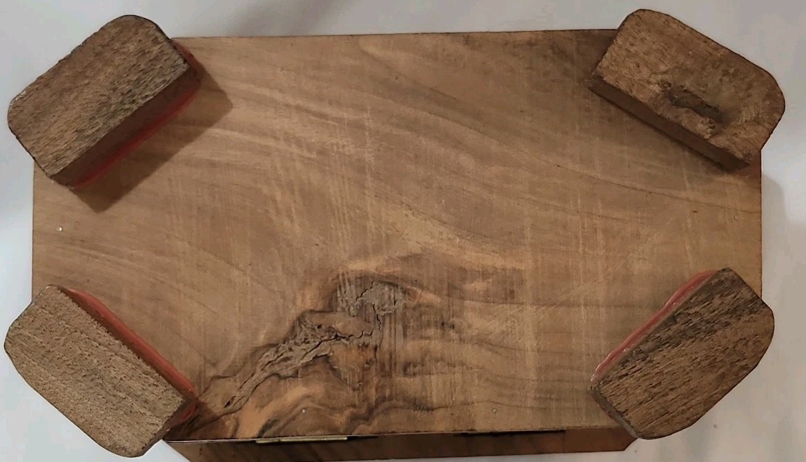 Vtg Kashmiri Hand Carved Walnut Wood Puzzle Jewelry Box Rotating Foot Lock-Read