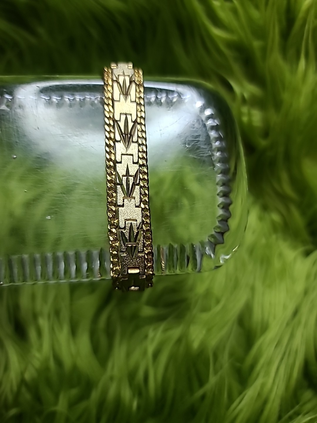 Vintage Bracelet Heavy Gold Plated Textured Diamond Cut Design with Safety Chain