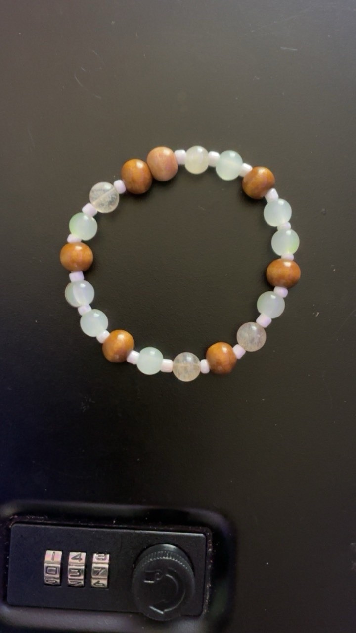 Handmade Brown/White/Green Glass & Wood Beaded Bracelet, Unisex #037