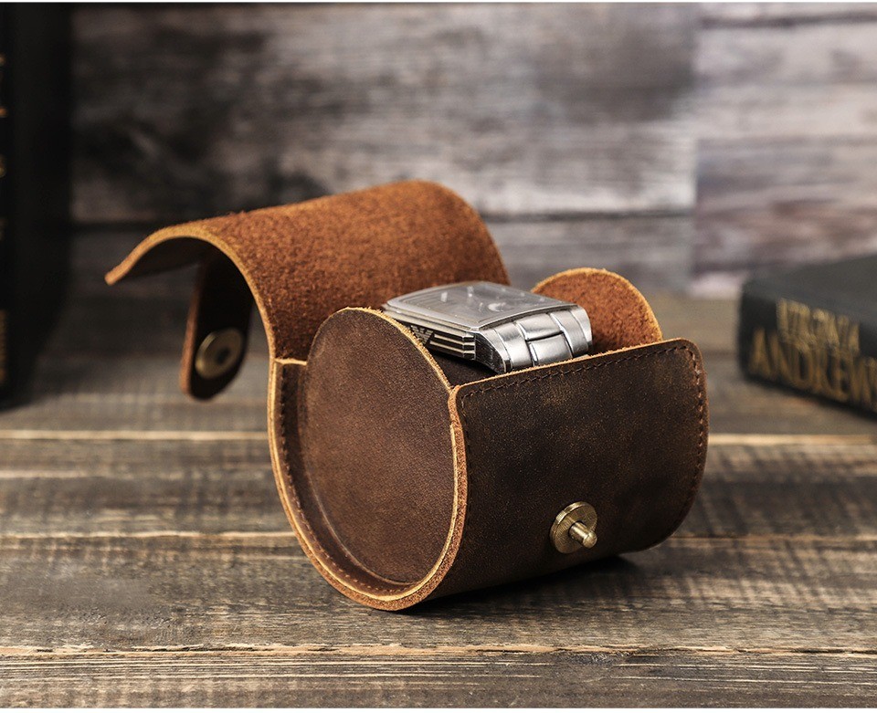 Genuine Leather Single Watch Travel Case Watch Roll Storage Pouch Gift Box Men