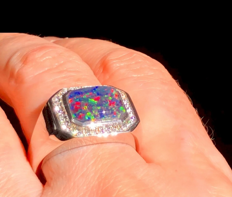Heavy SS 10 SOLID Natural Australian Black Red Opal Men’s ring Signet SEE VIDEO
