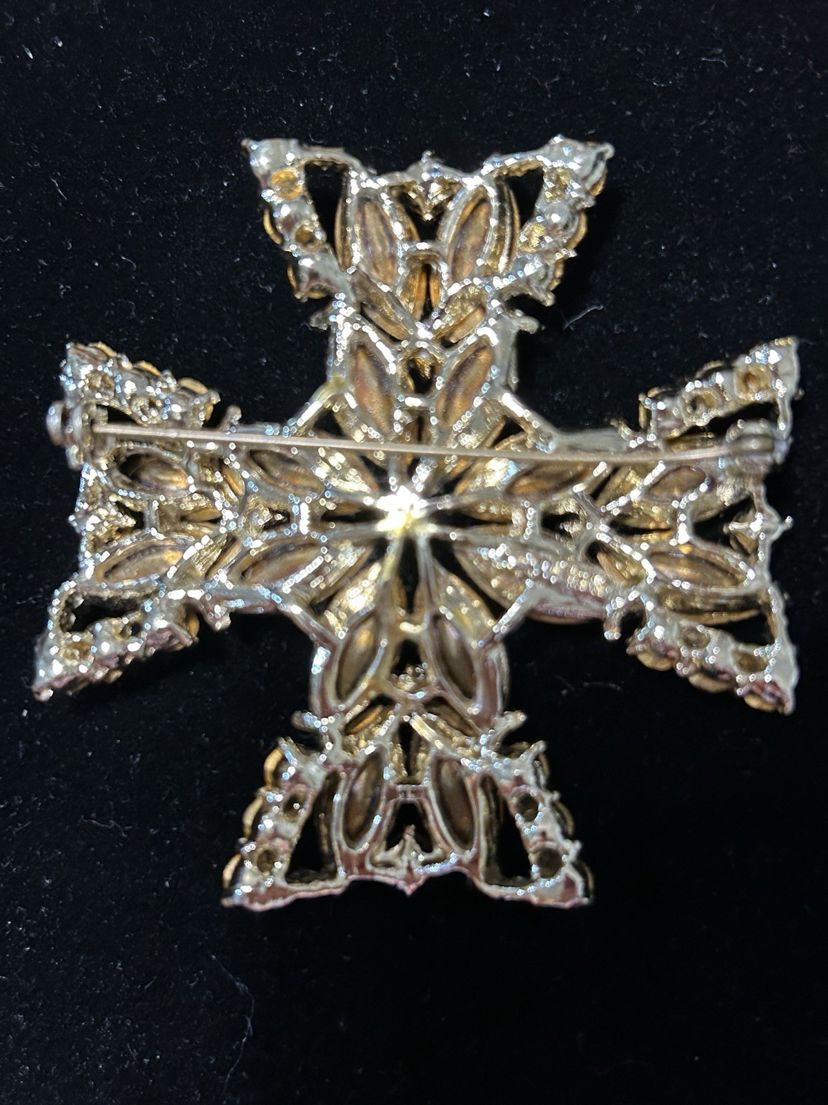 Signed Vintage 70s WEISS RARE 2-1/2” Maltese Cross Orange Austrian Crystals