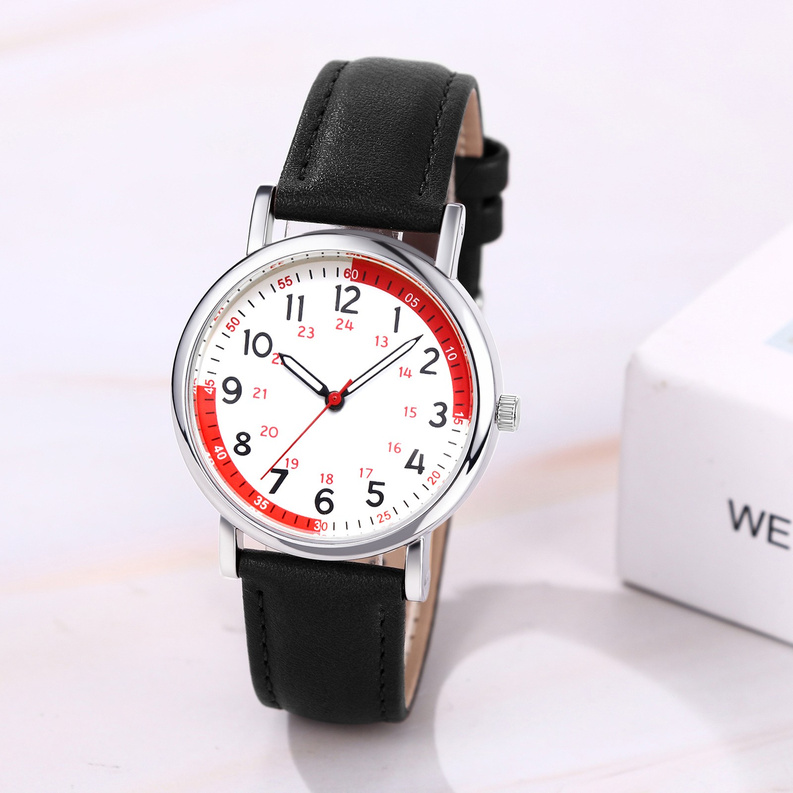 Womens Men Leather Band Easy Reader 24H/12H Dial Pulse Calculation Medical Watch