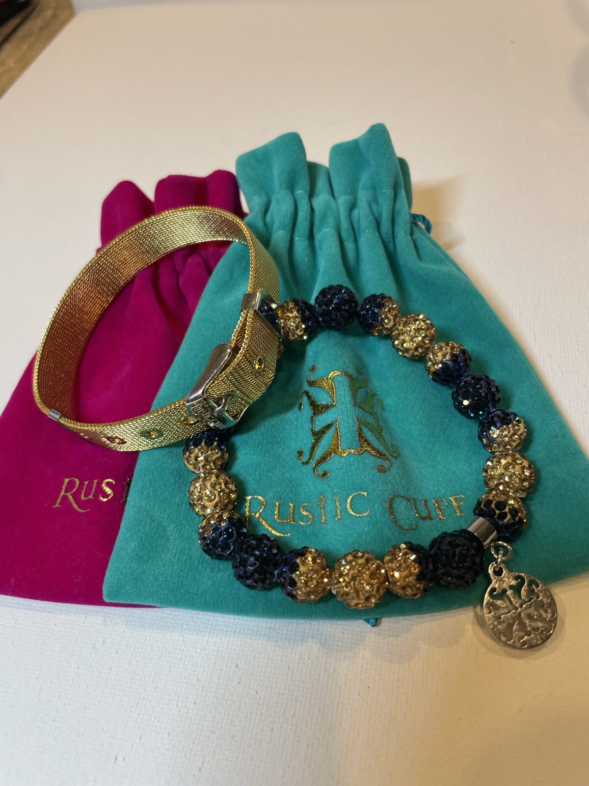 Rustic Cuff Bracelet 2 Piece Set Shambala Beads And Mesh Band Navy/Gold w/bags