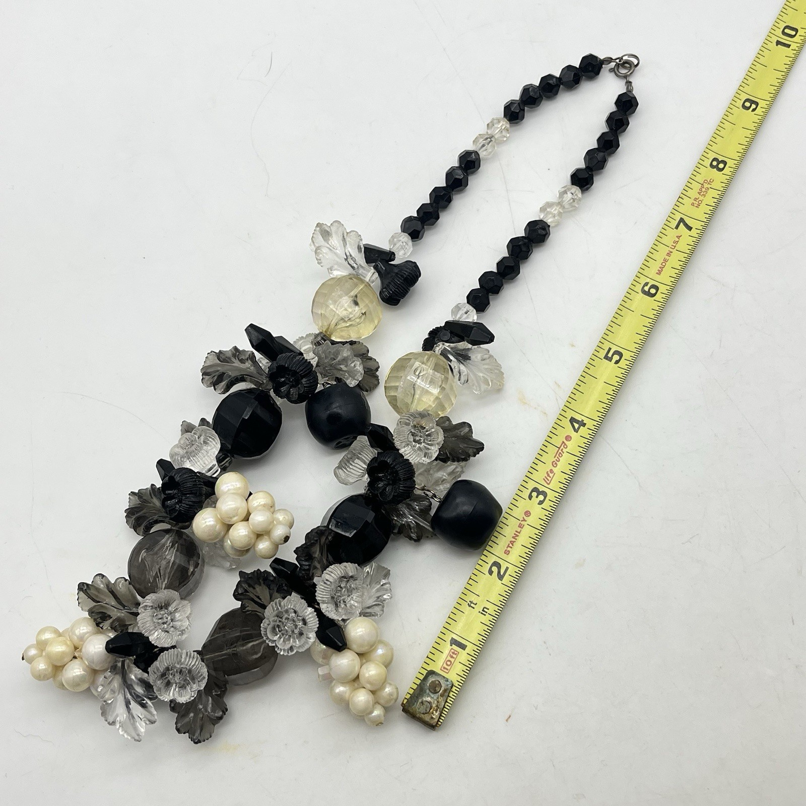 Chunky Black Cream Necklace Grape Cluster Leaf Lucite Floral Bib Statement