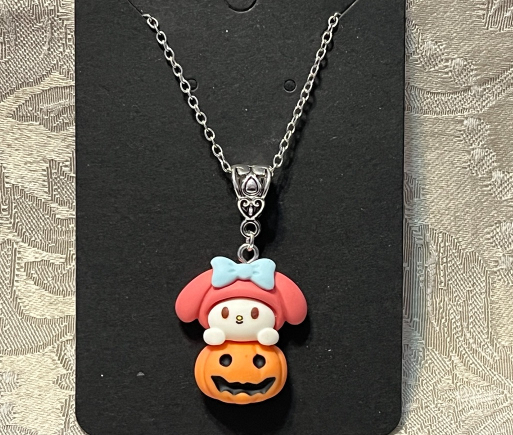 Sanrio Hello Kitty My Melody Pumpkin Halloween Charm Pendant Silver Necklace 18”