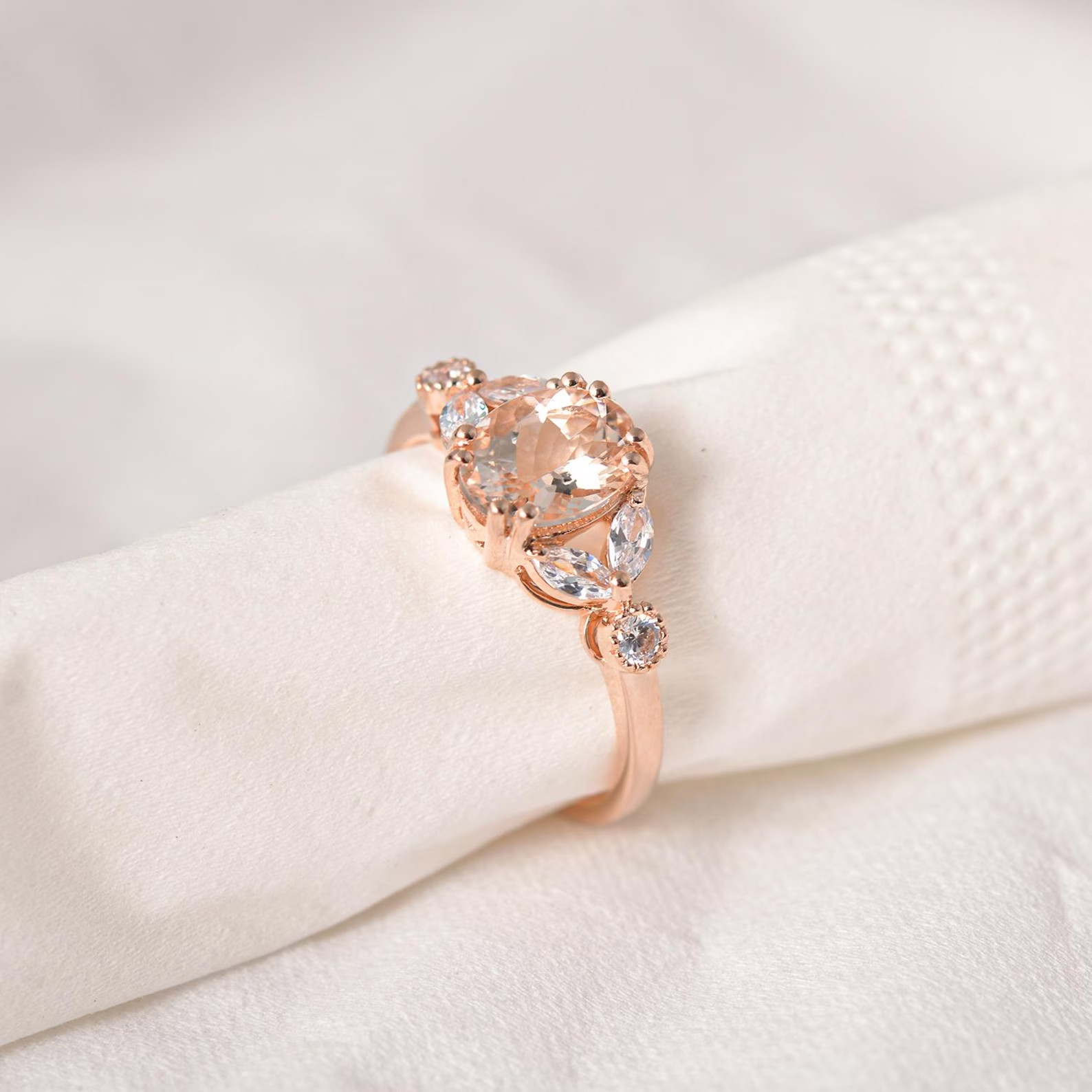 Morganite & Moissanite Wedding Ring Yellow Gold Plated 925 Silver Promise Ring