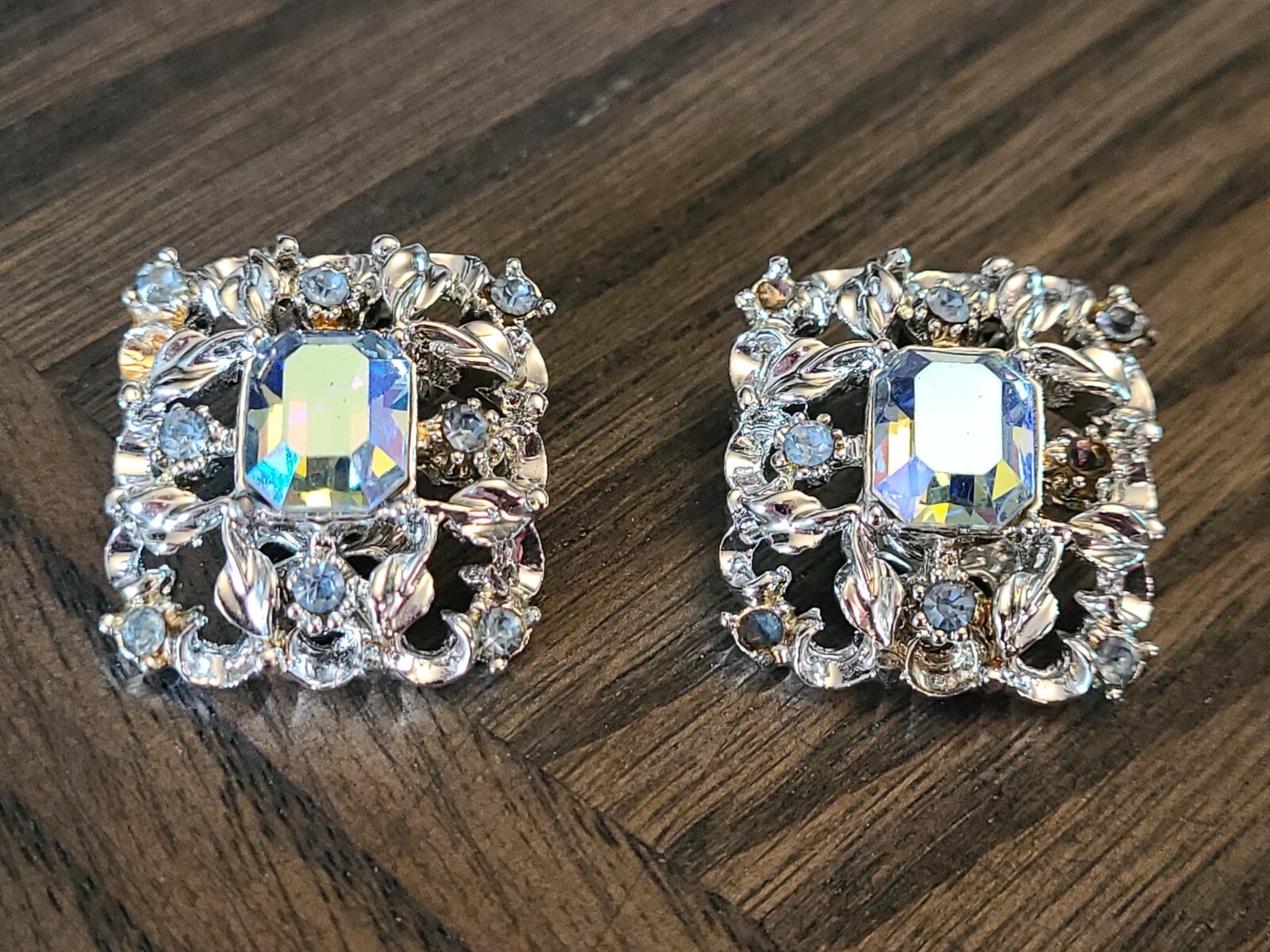Vintage Signed Coro Costume Jewelry Earrings Aurora Borealis Rhinestones
