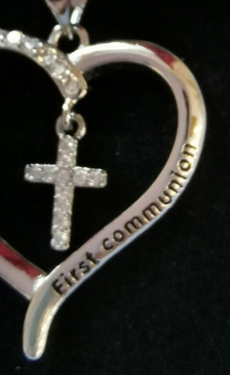 Holy Communion Diamante Heart & Cross Necklace, SALE